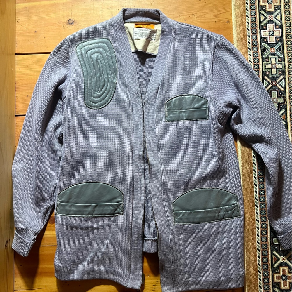 Vintage cowboy jacket. Blue wool with leather patches
